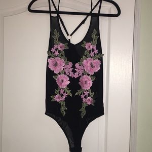 Sheer Bodysuit with Embroidery Flower Detailing